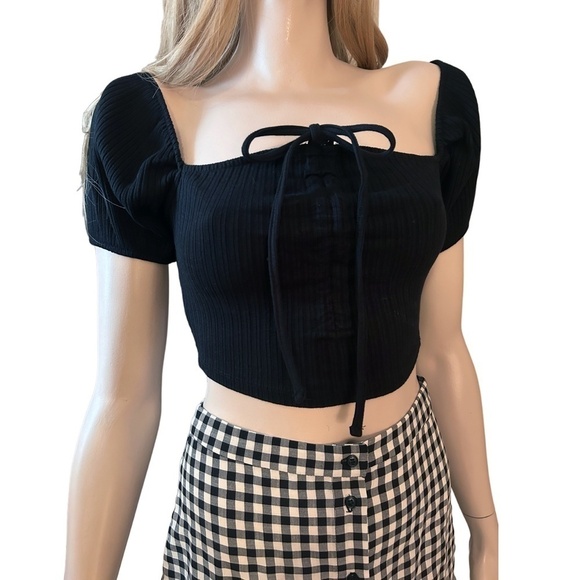 ZARA Ruched Crop Top Tank Puff Sleeve Ribbed Knit Square Neck Blouse Shirred - Picture 3 of 16